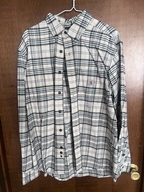 Carhartt Men’s Cream Plaid Button-Down Shirt with Black Checks